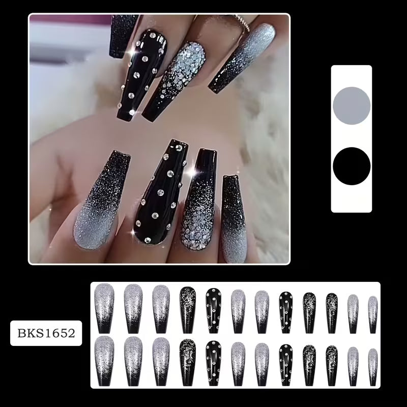 24pcs Christmas Matte Long Ballerina Fake Nails Black Silvery Glitter Rhinestone Xmas Press-On Nails — view 7