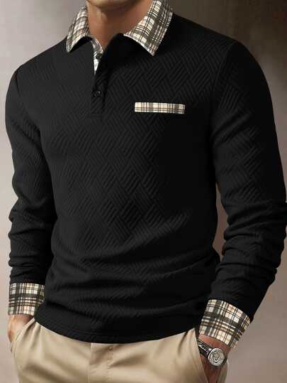 Calvornis Men's Solid Color Long Sleeve Polo Formal Shirt