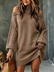 Retro Off-Shoulder High-Neck Dress, Jacquard Weave Long Sleeve Loose Casual Style Women'S Autumn Winter Sweater — view 1