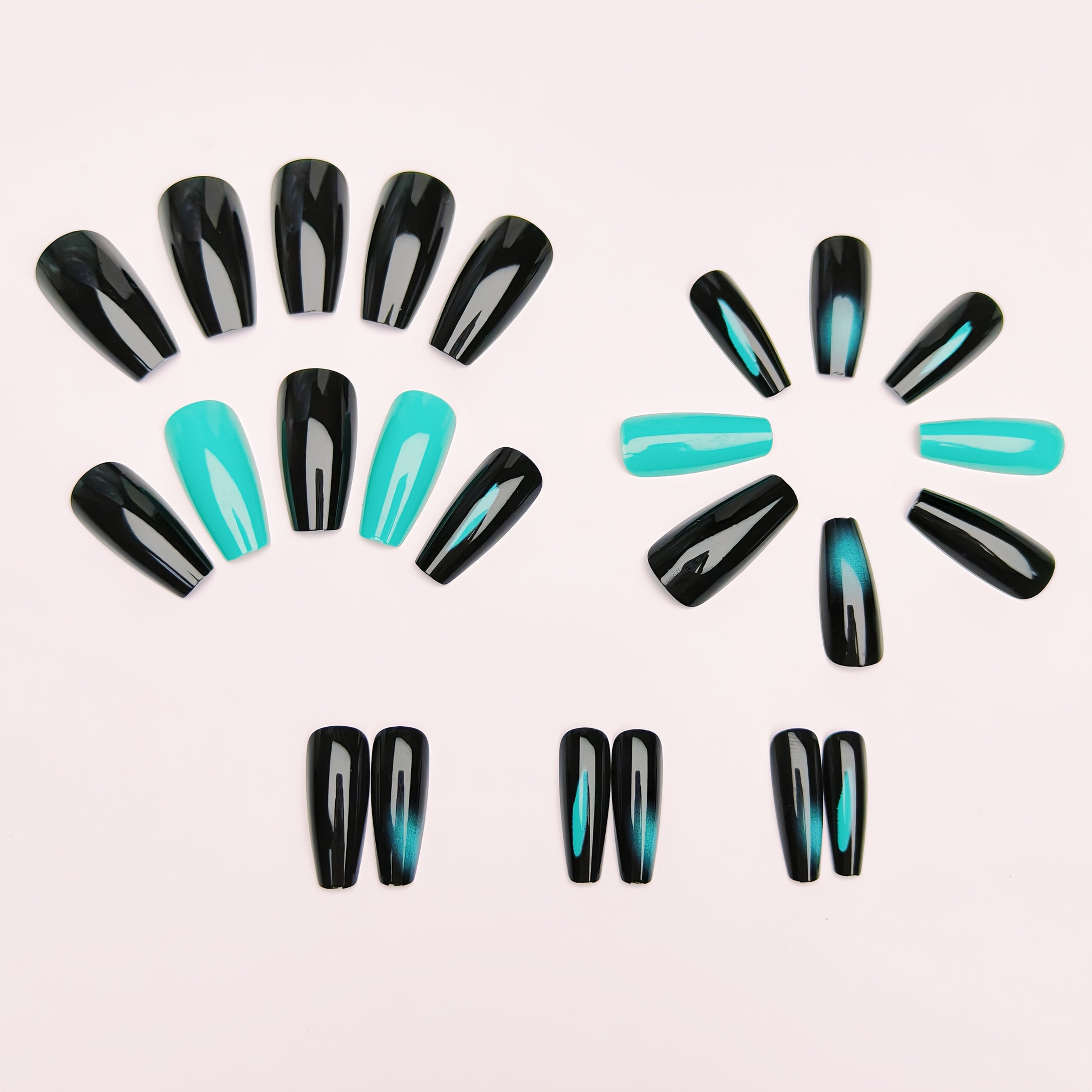 Elegant Gradient Black and Teal Stripe Press-On Nails, Ballet Shape, Medium Length, Glossy Finish - 24pcs