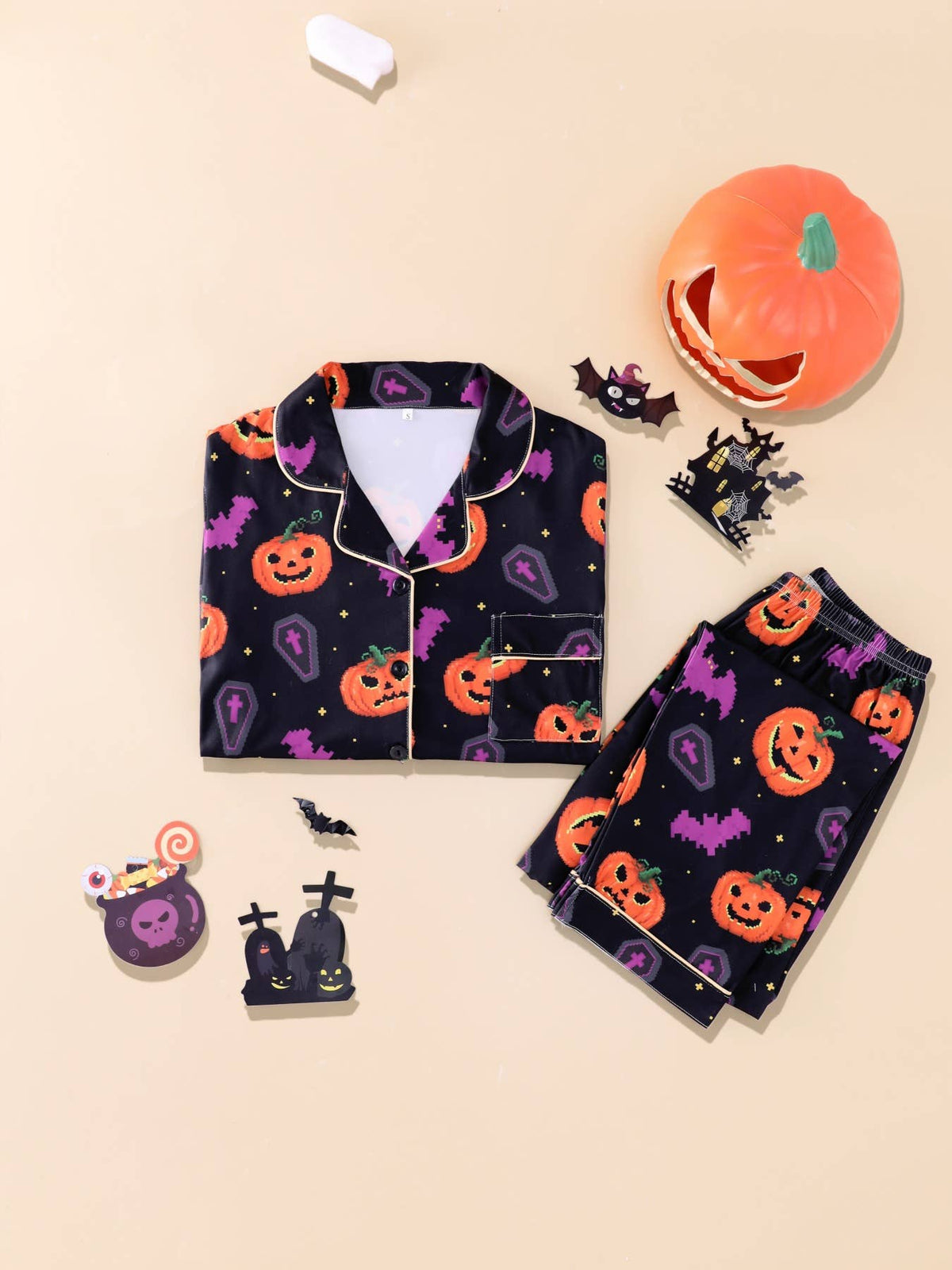 Long Sleeve Halloween Pajama Set Pumpkin Print Sleepwear Set