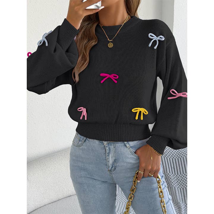 Colorful Bow Lantern Sleeve Waist-Cinching Sweater BJS353