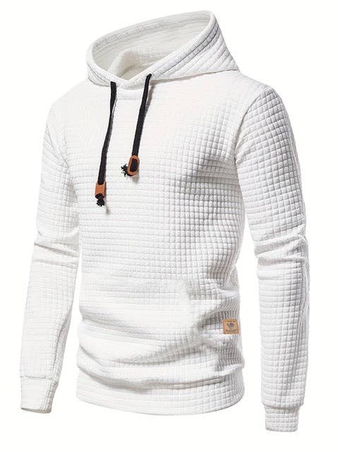 Waffle Pattern Solid Hoodie, Cool Hoodies For Men, Men's Casual Pullover Hooded Sweatshirt with Kangaroo Pocket Streetwear For Winter Fall, As Gifts
