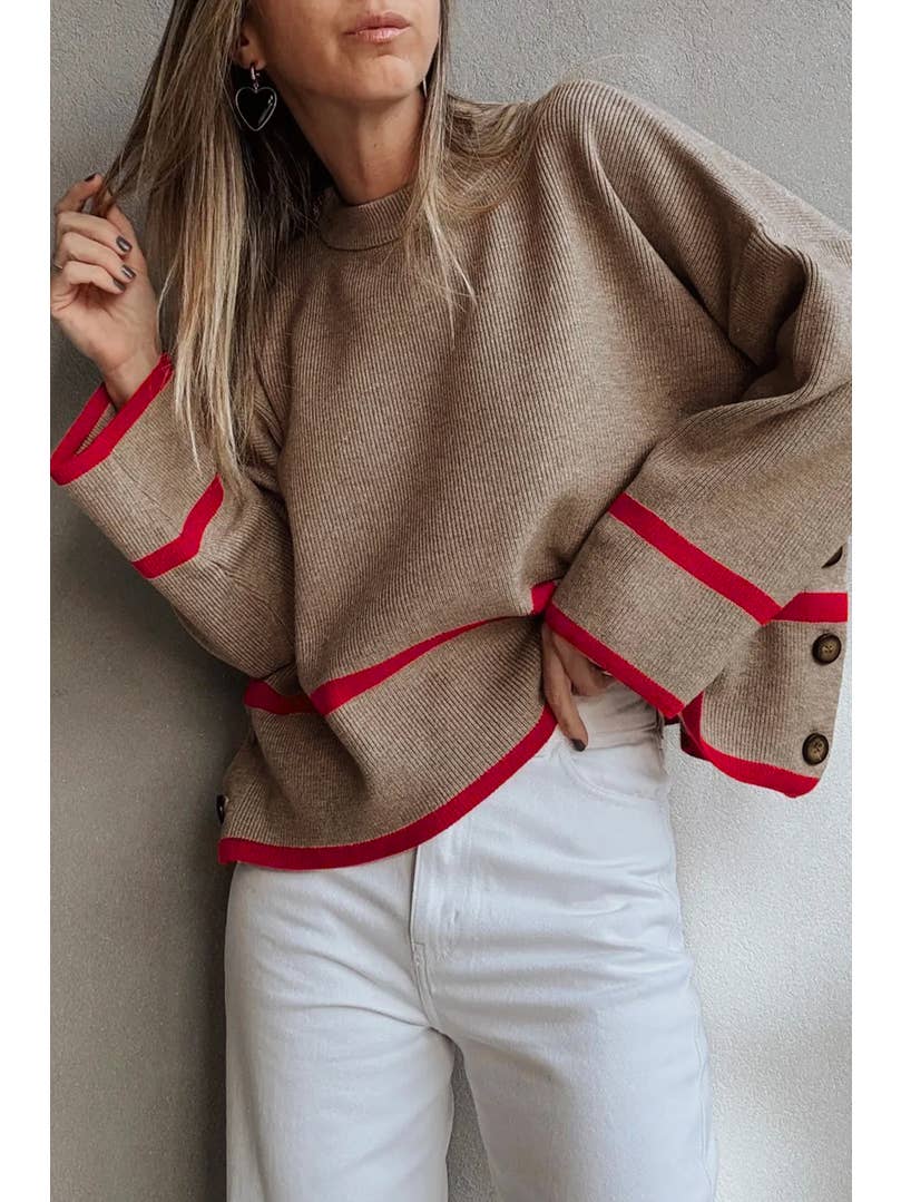 Ribbed Knit Contrasted Stripe Detail Button Side Sweater