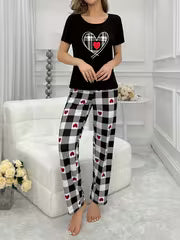 Women'S Heart Plaid Print Casual Pajama Set, Short Sleeve Round Neck Top And Pants, Comfortable Relaxed Fit — view 6