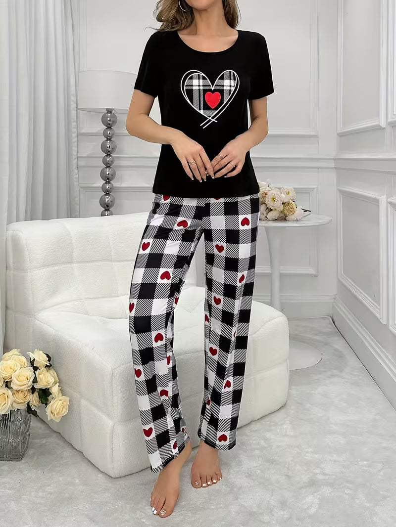 Women'S Heart Plaid Print Casual Pajama Set, Short Sleeve Round Neck Top And Pants, Comfortable Relaxed Fit — view 7