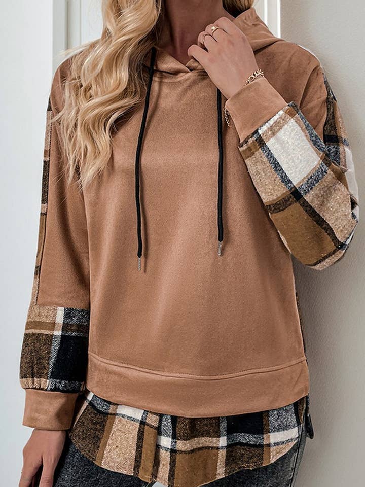 CWOHOL0906_LONG-SLEEVED Plaid Colorblock Hooded Sweatshirt