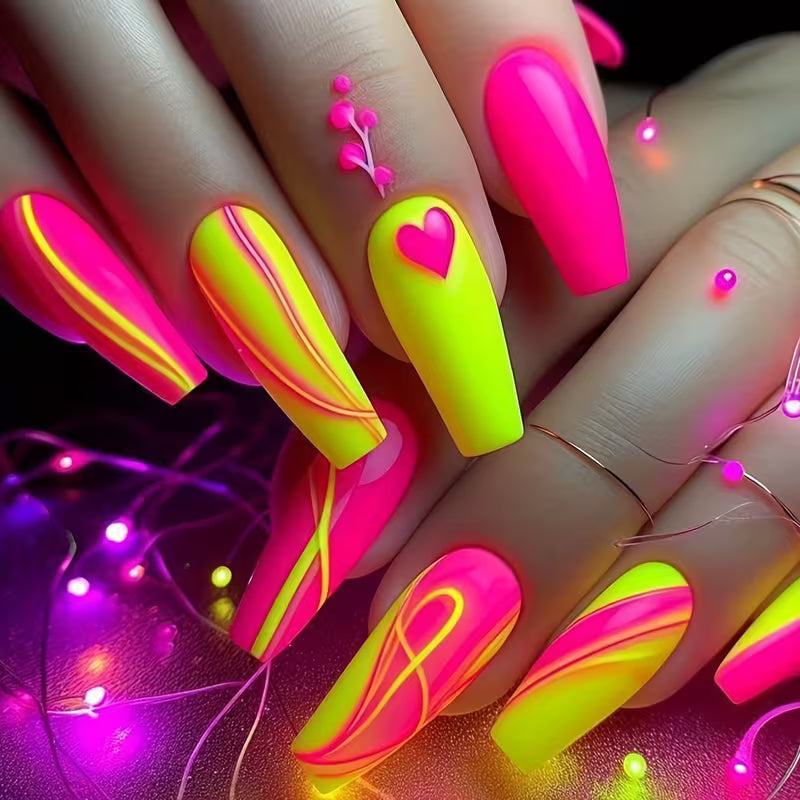 24pcs Bright Pink & Yellow Ombre Press-On Nails with Heart Designs – Medium Ballet Shape, Glossy Finish, Elegant — view 9