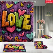 4pcs Colorful LOVE Word Pattern Shower Curtain Set, Shower Curtain with 6/12 Hooks, Non-Slip Bath Rug, U-Shape — view 4