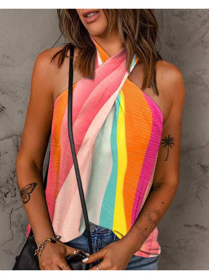 Colorblock Crisscross Halter Tank Top