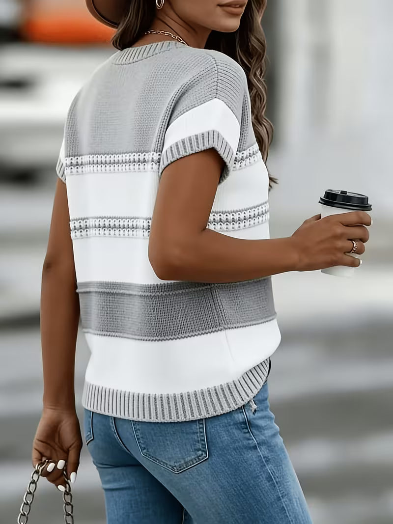 Loose Short Sleeve Round Neck Color-Block T-Shirt Breathable Hollow-Out - Fit -Compatible Top | Striped Suitable — view 6