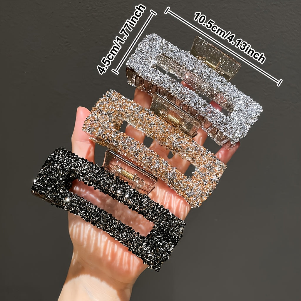 3pcs Set Women's Square Rhinestone Hair Clips, Trendy Rectangular Hair Claws, Suitable for Daily Office Wear, Multi-Functional Back Hair Accessories