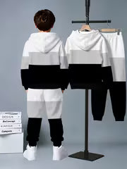 2pcs Boys' Zip-Up Hoodie Jogger Pants Outfit, White Gray Black Color Block Boys' Tracksuit, Matching Zipper — view 2