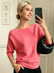 Women'S Elegant Off-Shoulder Solid Batwing Short-Sleeve Sweater, Soft Half-Sleeve Top for Daily Casual And Party — view 1