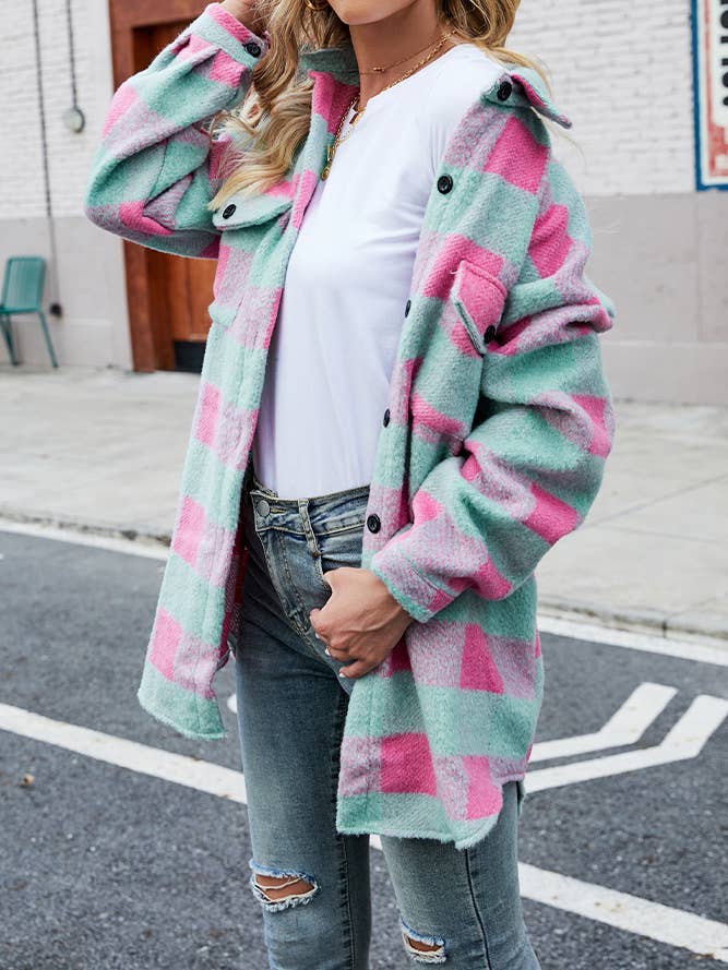 Single-Breasted Long Plaid Tweed Coat with Pockets TOPW1569