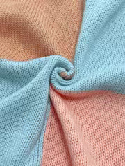 Women's Autumn/Winter Pink Apricot and Blue Color-Block V-Neck Dress, Midi-Length with Long Sleeves and Loose — view 4