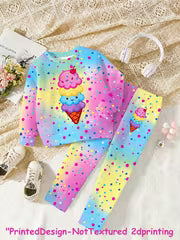 [Girls' Sweatshirt & Pants Set] Girls' Casual 2pcs Set - Round Neck Multicolor Gradient Polka Dot Cartoon Ice — view 3