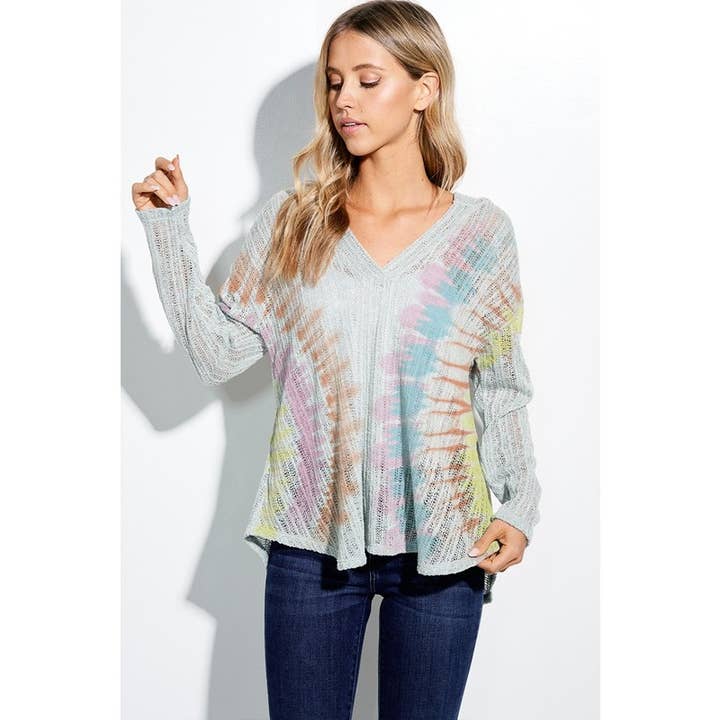Tie Dye Print Open Knit Hoodie Long Sleeve Sweater