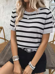 Women' Short Sleeve -Compatible Top - Round Neck Striped Stretch Suitable for Body Types, Casual & Office Wear — view 5