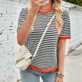 Women's Casual Striped Round Neck Sweater - Ribbed Short