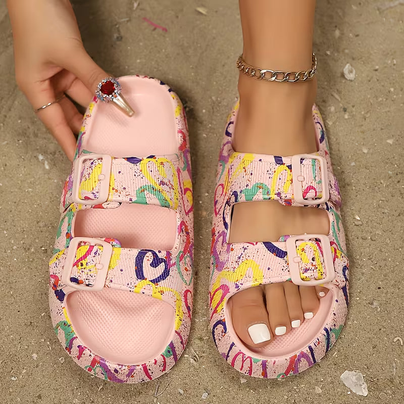 Women'S Vibrant Heart & Graffiti Print Fashion Sandals - Adjustable Double Buckle Straps, Comfortable EVA — view 6
