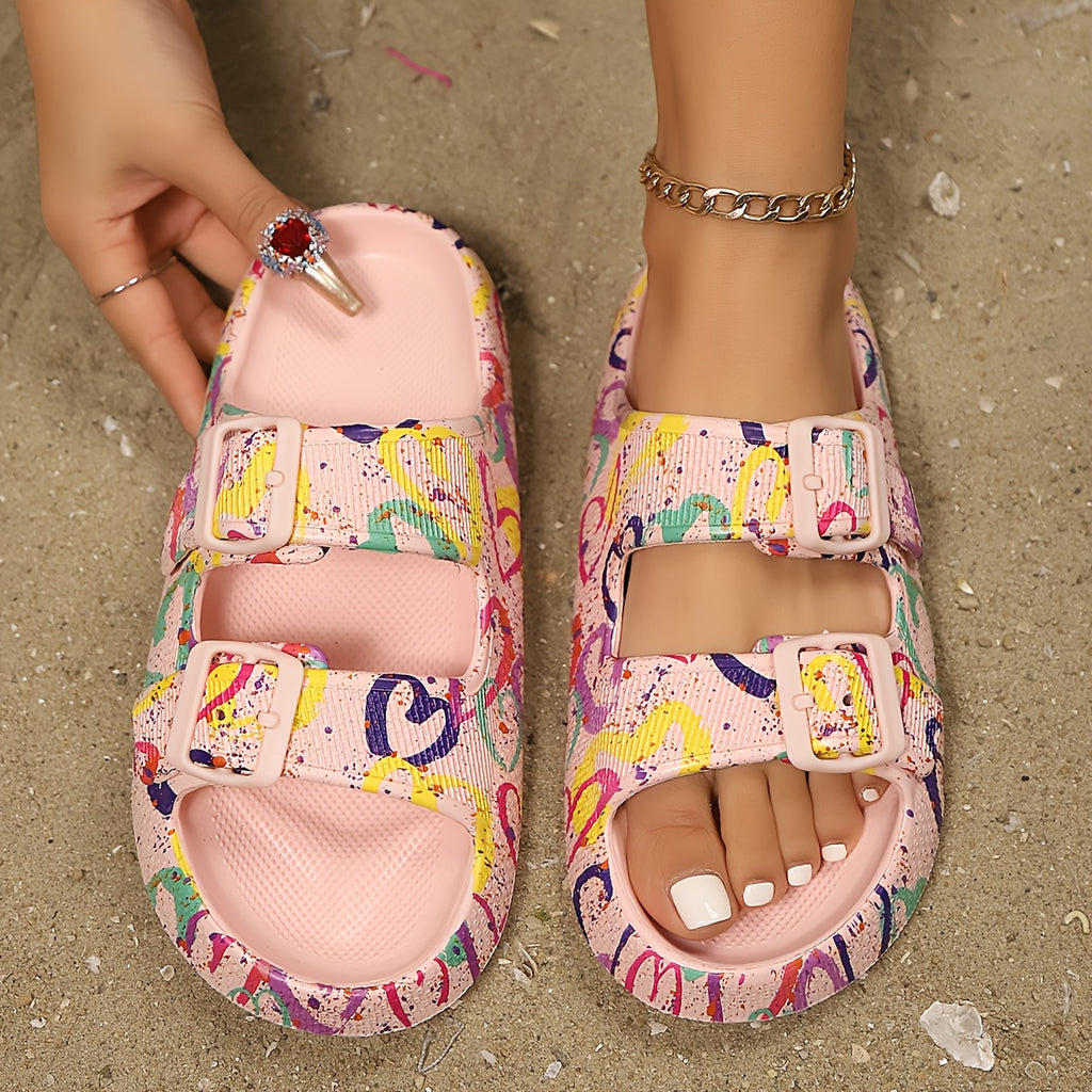 Women'S Vibrant Heart & Graffiti Print Fashion Sandals