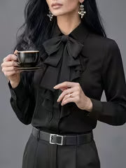 [Ruffle Blouse] Women's Blouse with Ruffle Design and Bow Decoration, Elegant Commuter Style Fashion Shirt — view 2