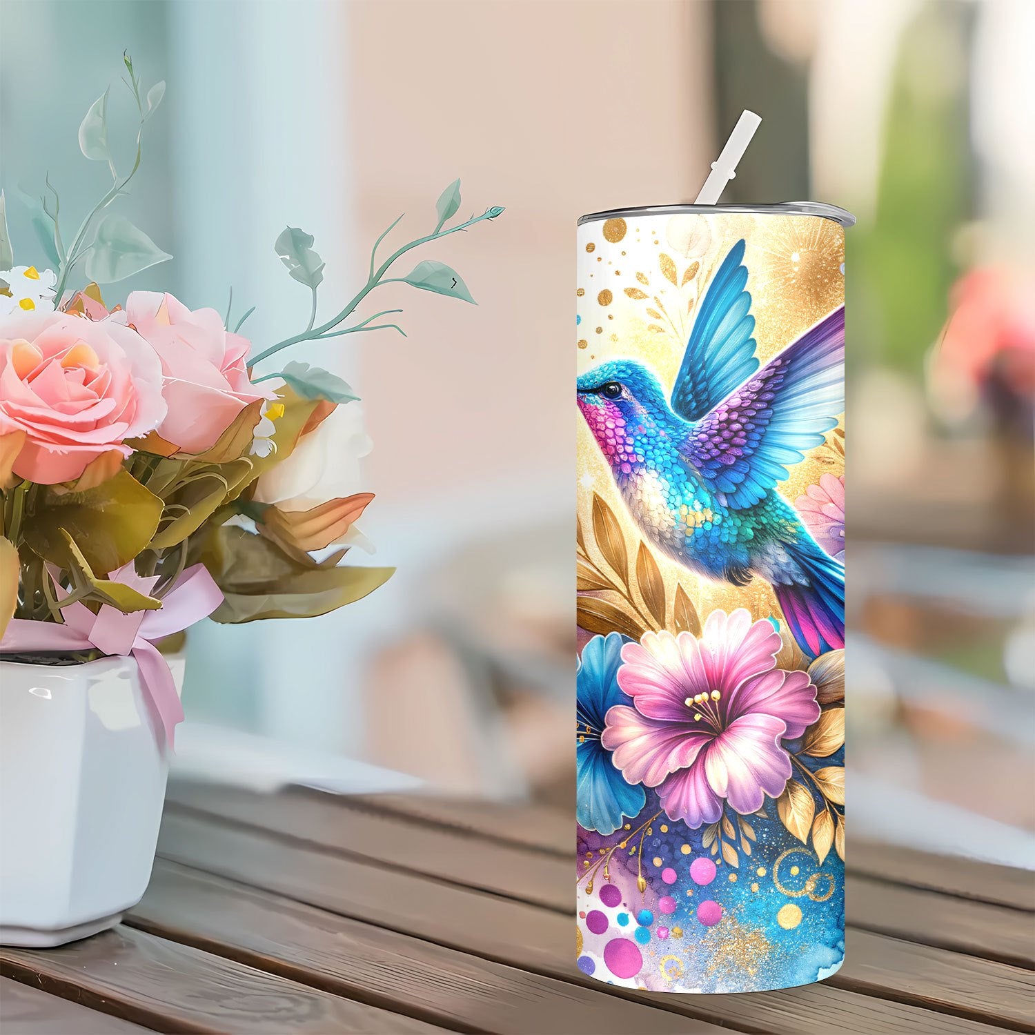 20oz Hummingbird Floral Stainless Steel Water Bottle - Hand Wash, Double Wall Insulation, PVC Free, Travel Friendly with Lid & Straw for Coffee, Cold Beverages, Sports - Ideal Gift for Mom, Lover, Friends