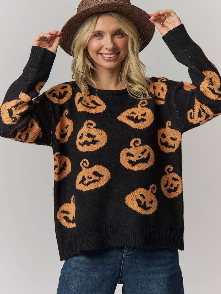 Halloween Pumpkin Print Knit Sweater - LESW4528 — view 4