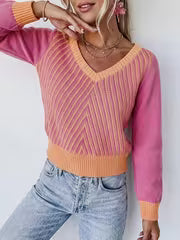 Color-Block Sweater Women'S Fall Winter Deep V-Neck Herringbone Ribbed Top Women'S Pullover — view 1