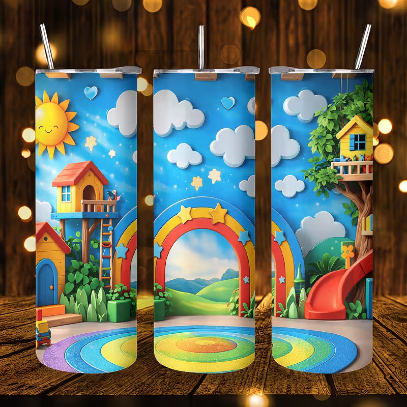 1pc 20Oz Colorful Cartoon Playground Treehouse Rainbow Sun Clouds Pattern Stainless Steel Insulated Tumbler — view 10