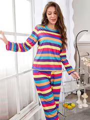 1. Women Round Neck Long Sleeve Colorful Rainbow Stripe Print Set Soft Friendly Spring Autumn Casual Home Long — view 1