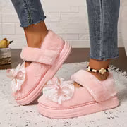 [Indoor/Outdoor Home Shoes] Pink Sweet Autumn/Winter New Style Women's Fashion Star Bow Plush Single Strap Shoes — view 9