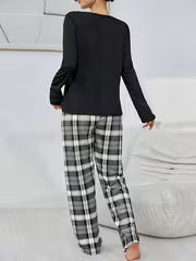 Autumn and Winter Chest Plaid Pocket Long Sleeve Top and Plaid Pants Pajama 2pcs Set — view 5