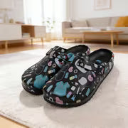 Women's Unique Black Printed Flat Mules, Adjustable Buckle, Lightweight, Casual, Versatile Nurse Shoes, High — view 3