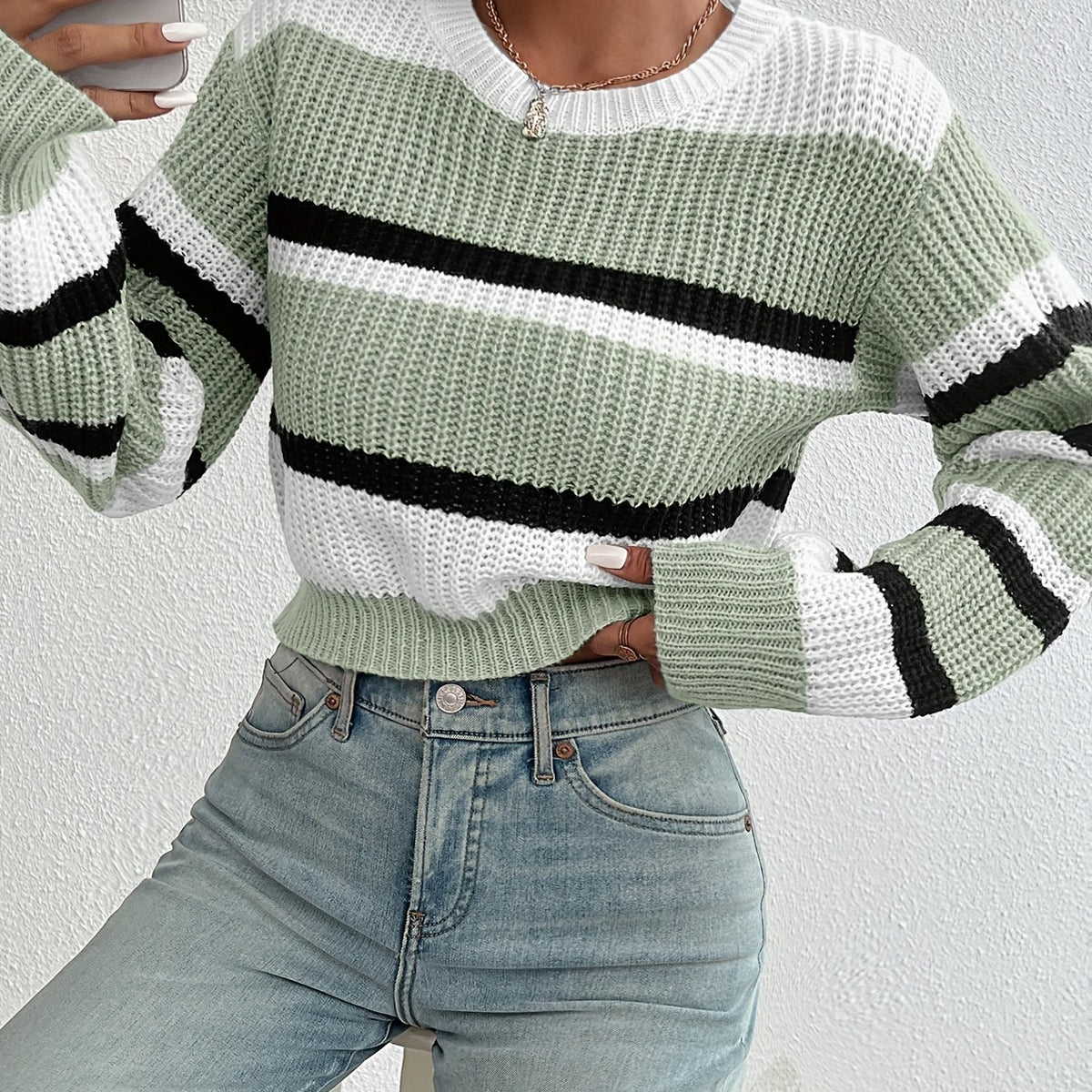 Striped Round-neck Cropped Sweater