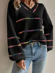 Women's White & Multicolor Striped Sweater with 3D Pineapple Crochet Accent - Soft Lightweight Drop Shoulder — view 2