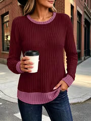 Women's Color Blocked Pit Stripe Round Neck Long Sleeved Contrasting Pullover Casual Loose And Winter Top L XXL — view 13