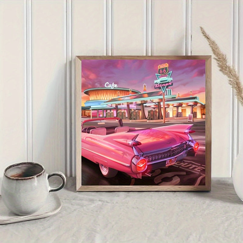 5D DIY Diamond Painting Kit - Retro Sunset Scene with Pink Sports Car, Round Diamonds, Size 11.81*11.81inch, Perfect for Home Decor or Gifts, Car Decoration, Best Choice for Christmas