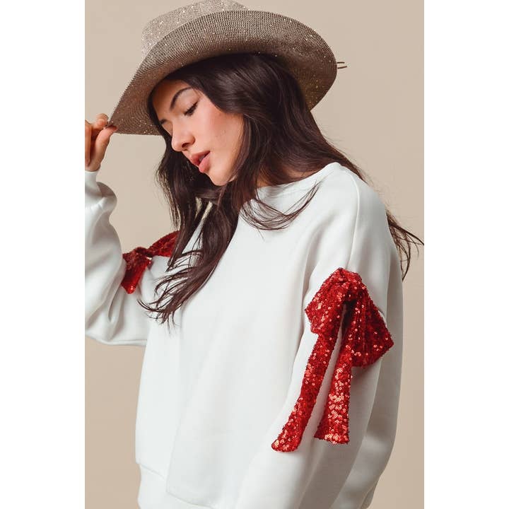 Bow Ribbon Sequins Embellished Terry Knit Top — view 3