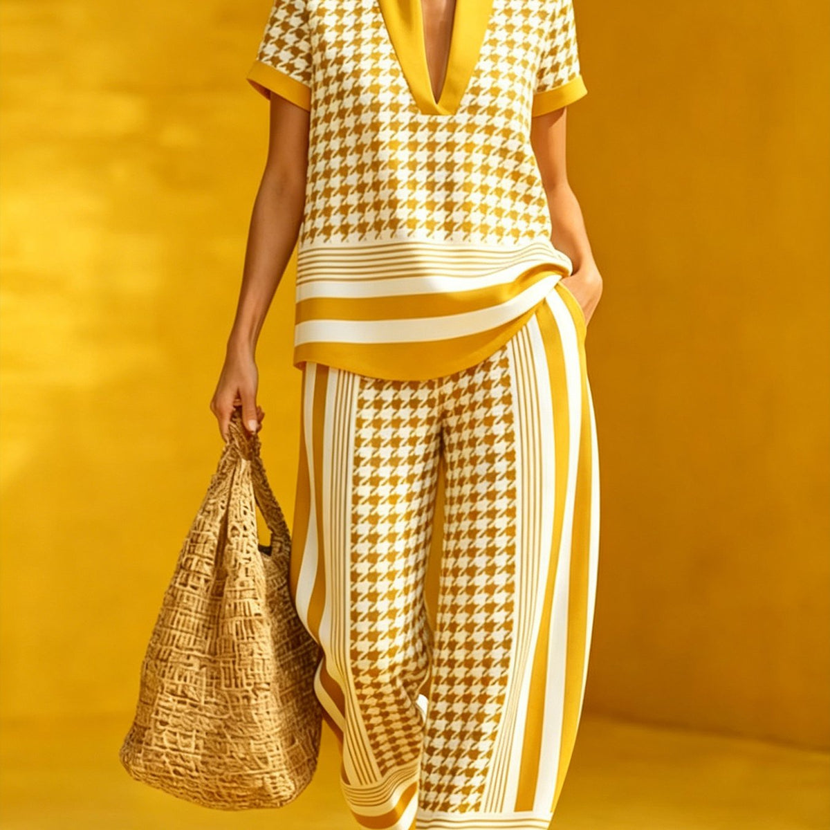 The Board Room Exit | Black & White Houndstooth V-Neck Top & Wide-Leg Pant Set — view 5 of 7