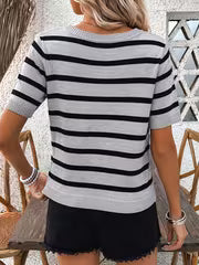 Women' Short Sleeve -Compatible Top - Round Neck Striped Stretch Suitable for Body Types, Casual & Office Wear — view 7