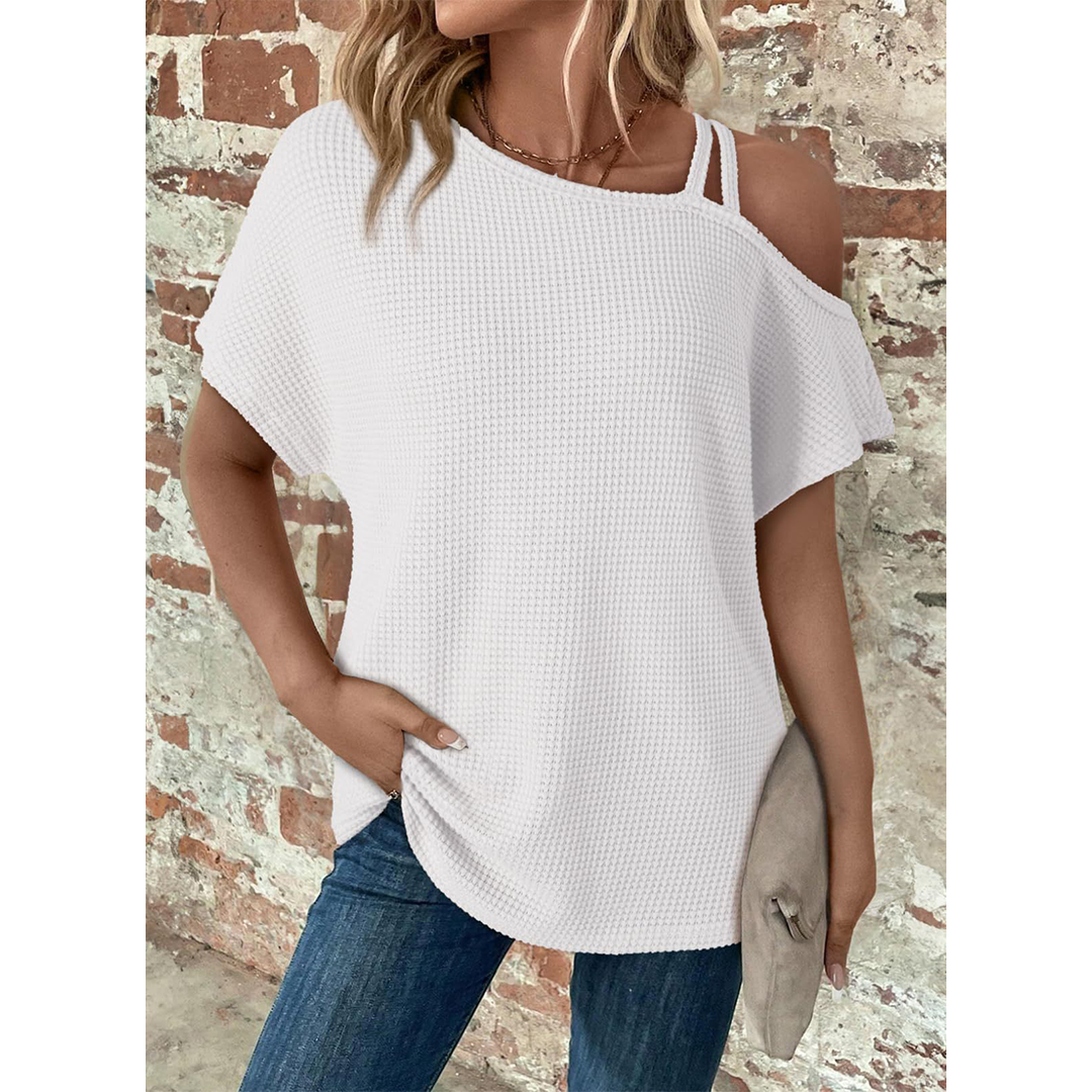 Short Sleeve Color Versatile Off-Shoulder Knit Top AXY048