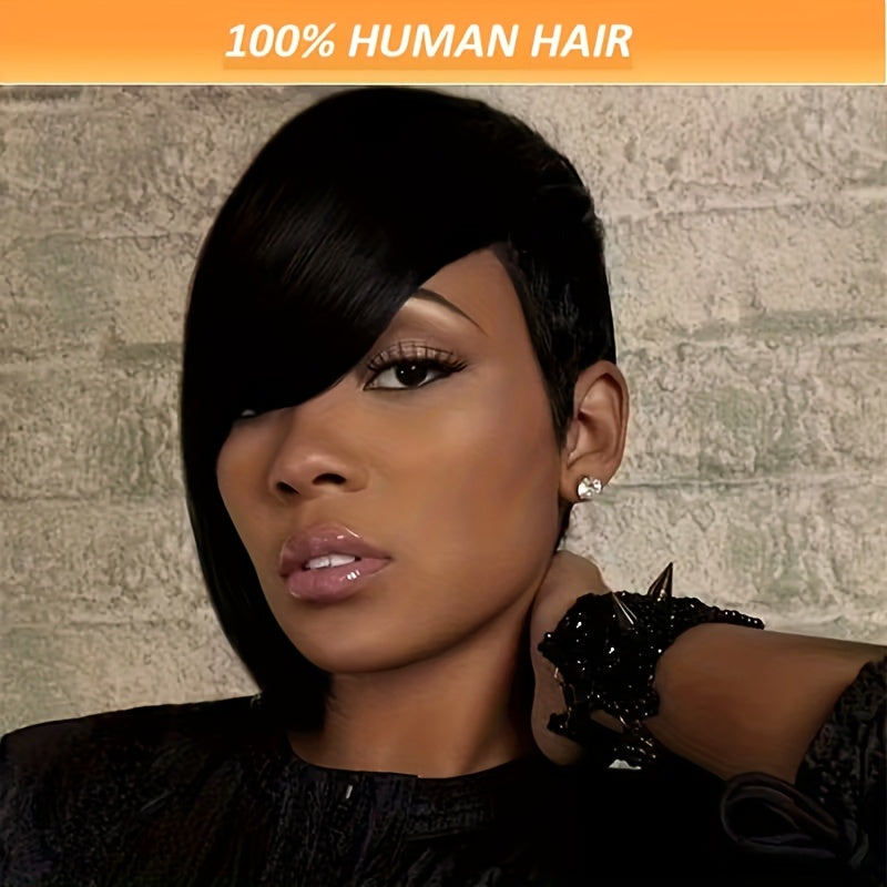 Women' Short Pixie Cut Wig with Bangs - Virgin Hair Straight Black Wig Suitable for Skin Tones, Breathable Elastic Mesh Cap, Layered Density for Daily Wear & Parties, Comfortable Wig for Parties and Everyday Hairstyle