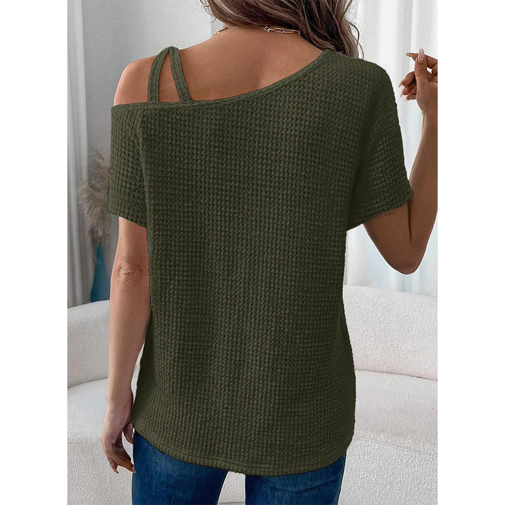 Short Sleeve Color Versatile Off-Shoulder Knit Top AXY048