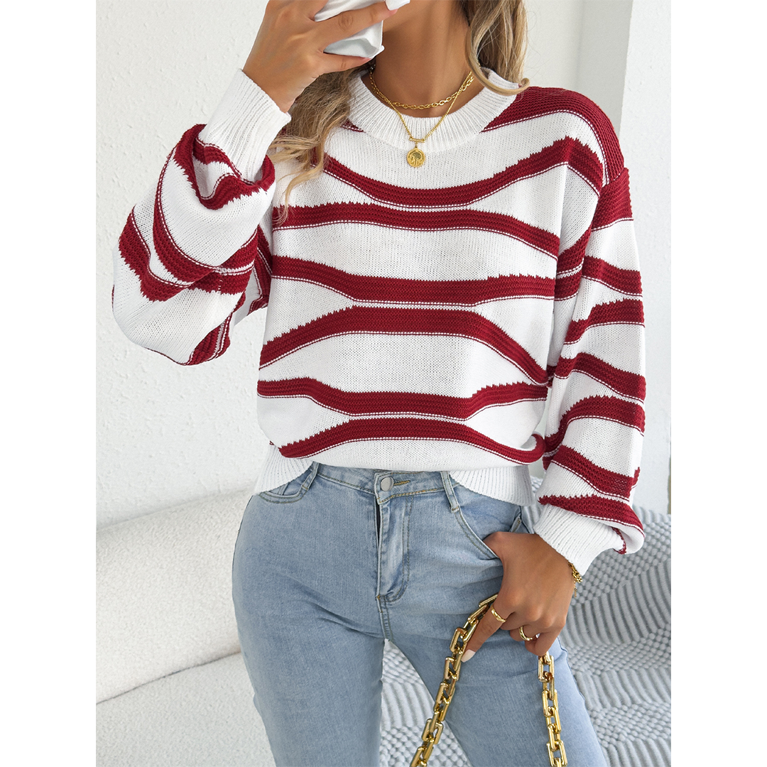 Color Block Striped Lantern Sleeve Pullover Sweater BJS347