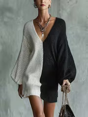 Elegant Color-Block Spliced Deep V-Neck Dress with Lantern Sleeves - Loose-Fit Long Dress Suitable for Home — view 1