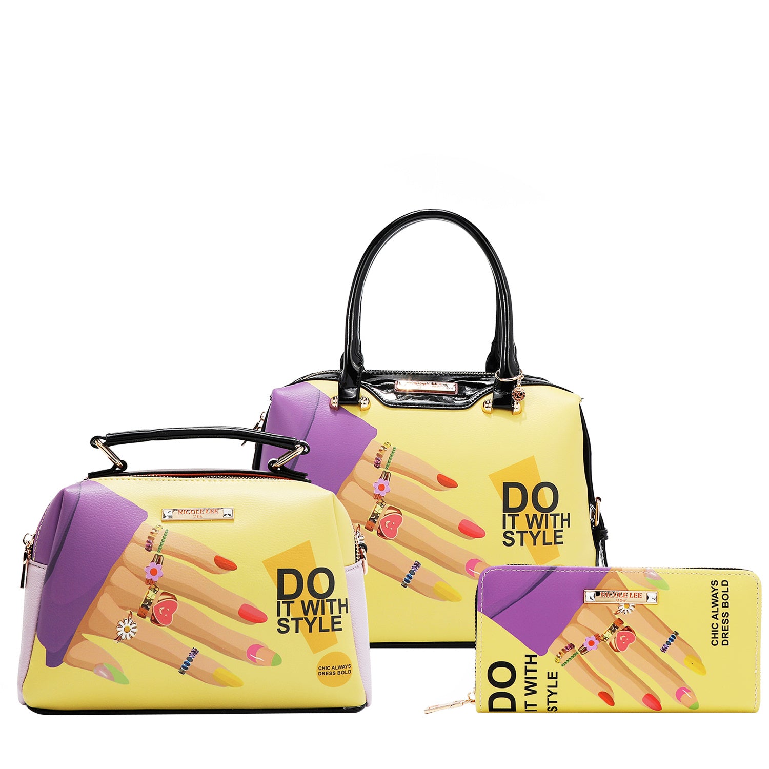 Nicole Nail Polish 3 Piece Set (Large Handbag, Small Crossbody, Small Wallet) 3-In-1 Versatile Travel Set, Yellow/Multicolor, Fashionable Chic Print