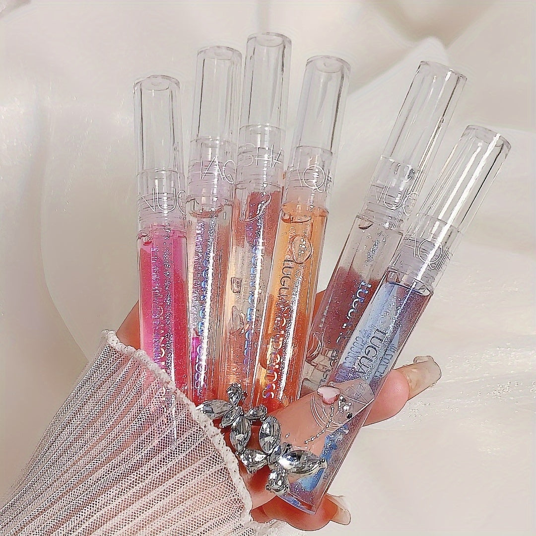 6pcs Set, Temperature-Activated Color-Changing Tinted Lip Oil, Fine Glitter Tinted Lip Glaze, Plumping Glassy Glossy Lip Gloss, Moisturizing Pearlescent Lip Shine for a Mirror-Like Finish, Christmas and Valentine's Day Gift