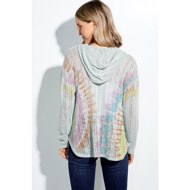 Tie Dye Print Open Knit Hoodie Long Sleeve Sweater